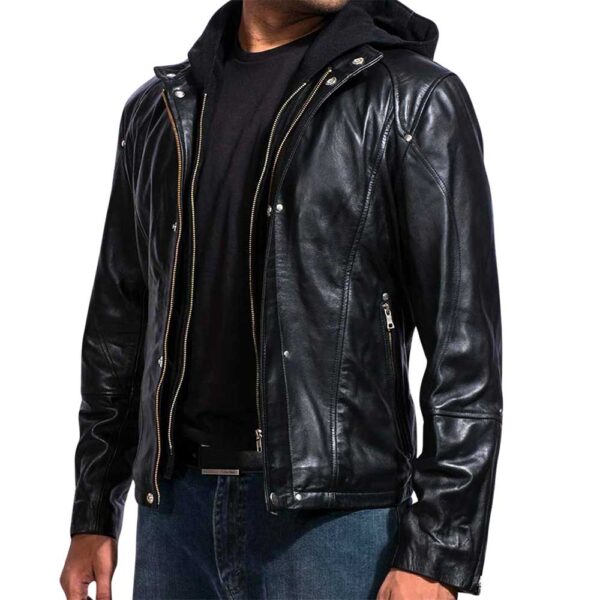 Black Hooded Leather Jacket - Image 2