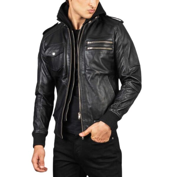 Leather Bomber Jacket with Hood - Image 3