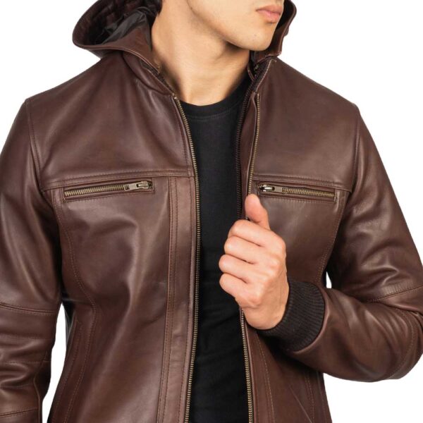 Hooded Leather Bomber Jacket - Image 4