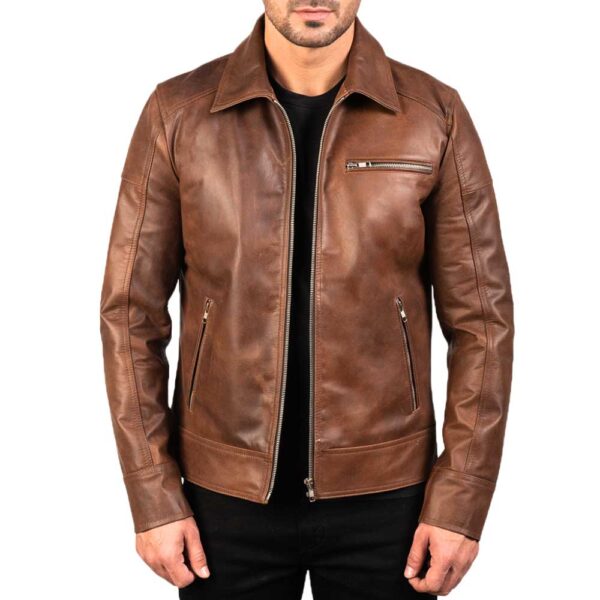 Brown Shirt Collar Vintage Leather Jacket