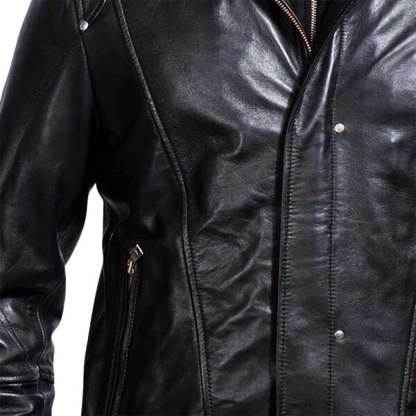 Black Hooded Leather Jacket - Image 3