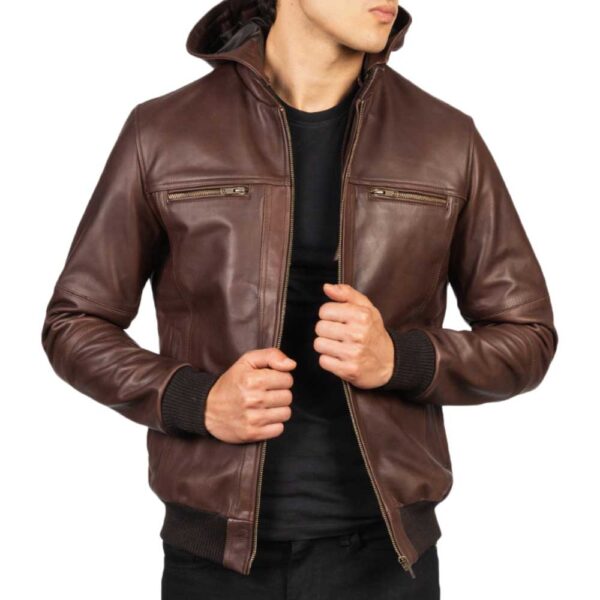 Hooded Leather Bomber Jacket - Image 3