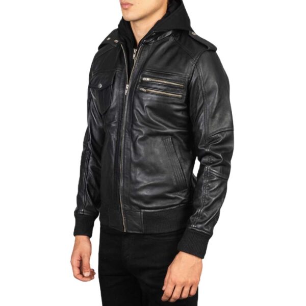 Leather Bomber Jacket with Hood - Image 4