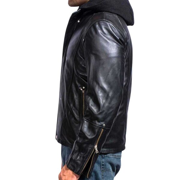 Black Hooded Leather Jacket - Image 4