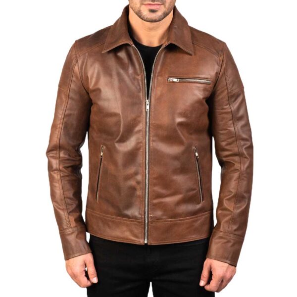 Brown Shirt Collar Vintage Leather Jacket - Image 3