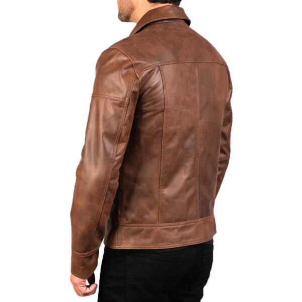 Brown Shirt Collar Vintage Leather Jacket - Image 4