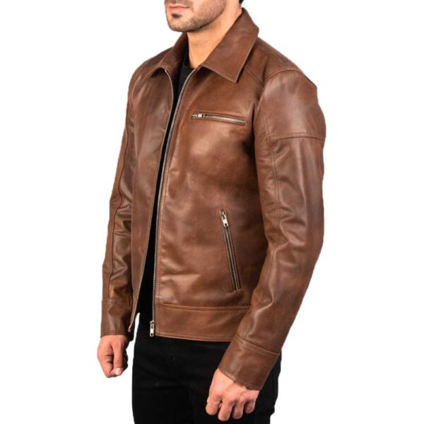 Brown Shirt Collar Vintage Leather Jacket - Image 2