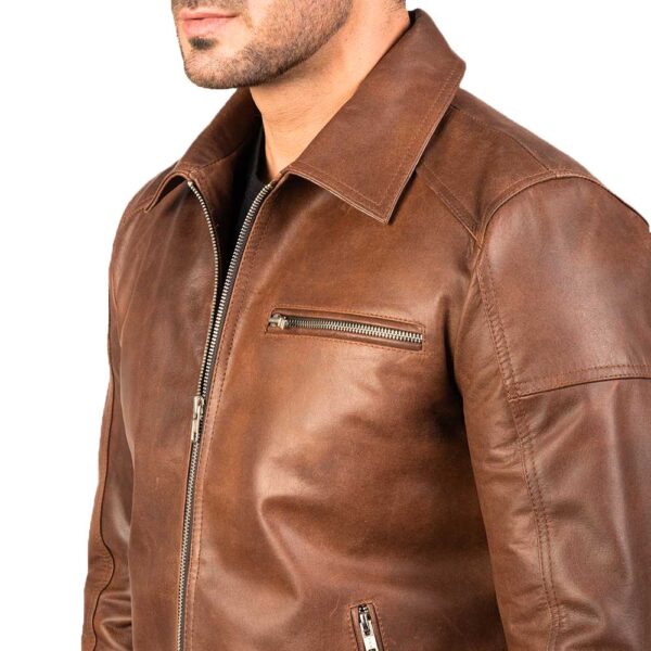 Brown Shirt Collar Vintage Leather Jacket - Image 5