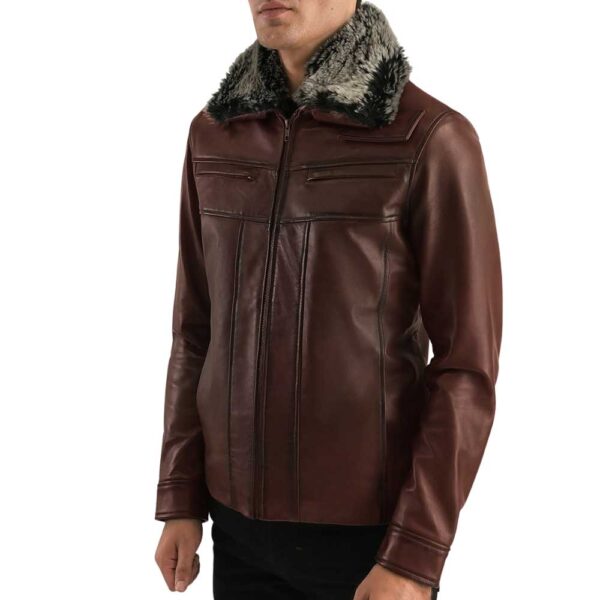 Brown Leather Jacket with Fur - Image 2