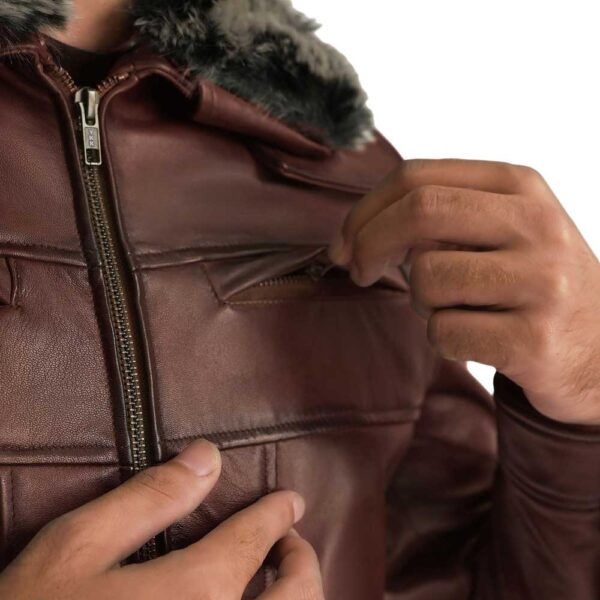 Brown Leather Jacket with Fur - Image 4