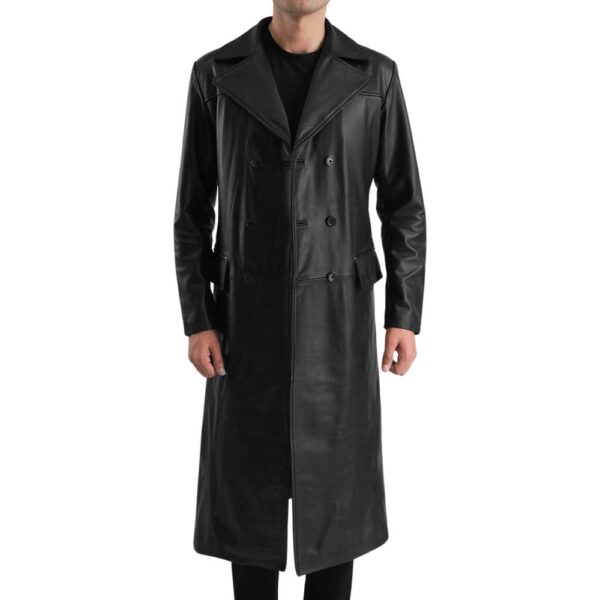 Black Leather Double Breasted Coat - Image 2