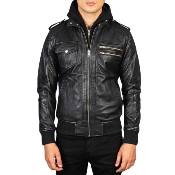 Leather Bomber Jacket with Hood - Image 2
