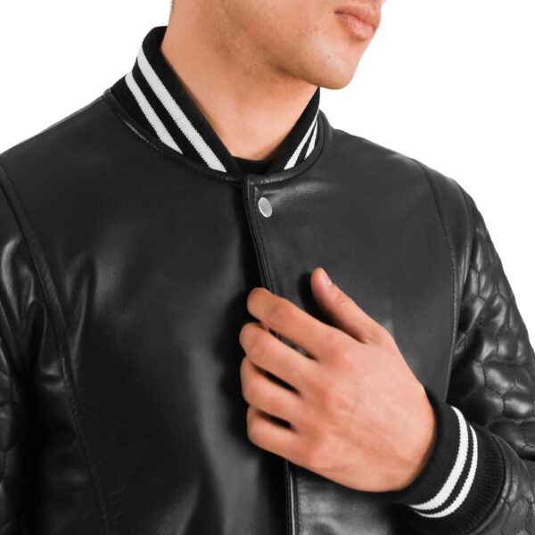 Black Leather Varsity Coat - Image 3